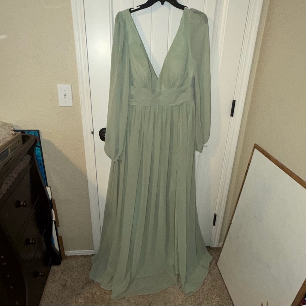 Gorgeous, chiffon, sage, green, long sleeve floor length bridal for prom dress